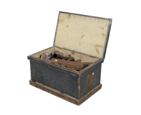 A carpenter's tool chest and contents. Including mostly planes. H46cm x W87cm x D53cm