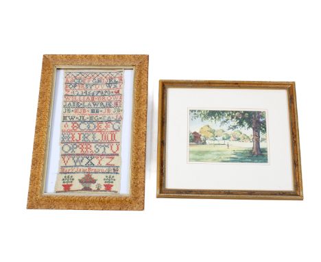 PW Miller (20th century), watercolour, 'Park' scene and an embroidery. The first signed lower left and dated 1991. 24cm x 17c