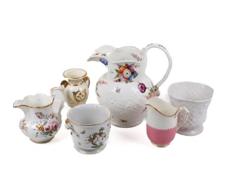 An assortment of Victorian and later ceramics. Including a John Mortlock Mintons pink jug, a ceramic urn hand painted with fl