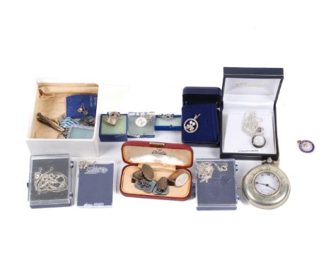 An assortment of silver and white metal jewellery and a pocket watch. Including charms, five pairs of cufflinks including a p