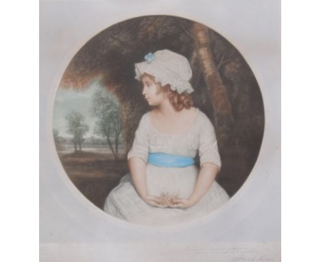 After Sir Joshua Reynolds, 19th century coloured print, 'Simplicity - Portrait of Theophilia Gwatkin'. 39cm x 46cm. Framed an