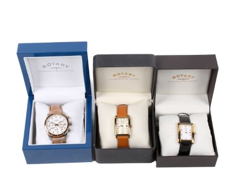 Three gentleman's Rotary wristwatches. Comprising one with a silvered dial and baton hour markers and a date aperture, within