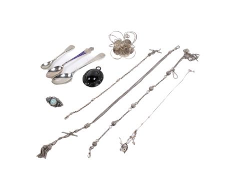 A small group of silver and white metal jewellery. Including a flower bangle, watch chains, one marked S.S, a blue stone broo