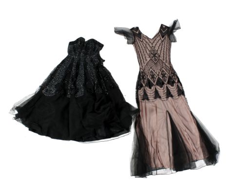 Two vintage style evening dresses. Comprising a 1920s style shift dress, the nude fabric with a black lace and sequin overlay