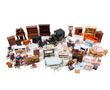 A large collection of dolls house furniture. Including a wardrobe, garden chairs, grandfather clock, cot, etc.