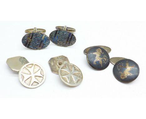 Three pairs of silver cufflinks