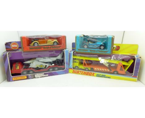 Two Matchbox Super Kings, K-11 and K-13 Aircraft Transporter and two Matchbox Models of Yesteryear