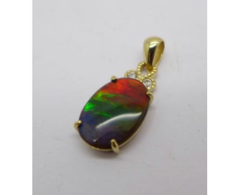 A 9ct gold, triplet opal and diamond pendant, 1.7g