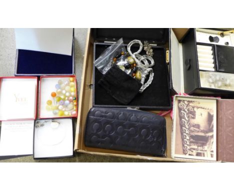 Costume jewellery, a jewellery case, two jewellery boxes, a purse and modern Harley-Davidson postcards