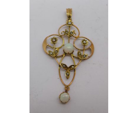 An Edwardian opal and pearl set pendant, tests as 9ct gold