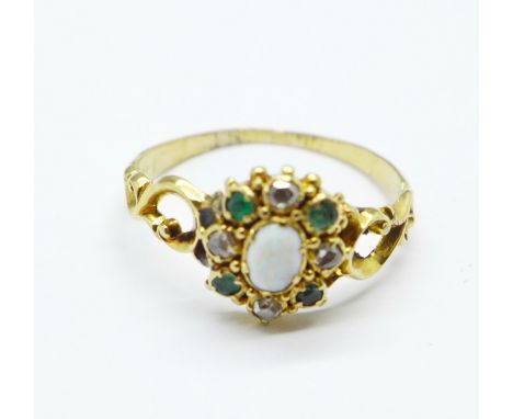 A Victorian yellow metal, emerald, opal and diamond cluster ring, 2g, M