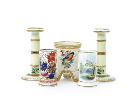 Three English porcelain spill vases  19th century, one Royal Worcester, painted with a bullfinch, wren and chaffinch perched 