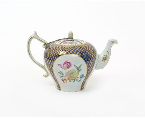 A rare John Pennington (Liverpool) teapot and cover  c.1775, the inverted pear-shape body painted in the atelier of James Gil