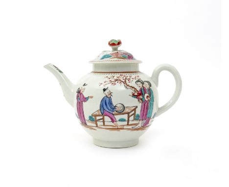 A Worcester teapot and cover  c.1775, painted in polychrome enamels with a Chinese gentleman seated on a low bench with three