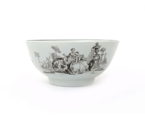 A Worcester slop bowl  c.1765, printed in black with L'Amour to one side, the reverse with Rural Gambols, between small vigne