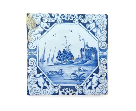 A Liverpool delftware tile  c.1750-75, painted in blue with an octagonal panel containing a figure and animals in a boat befo
