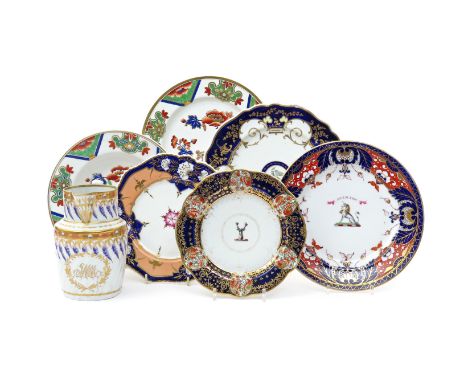 Five Chamberlain's Worcester plates and a soup plate  1st half 19th century, variously decorated in the Imari and Kakiemon pa