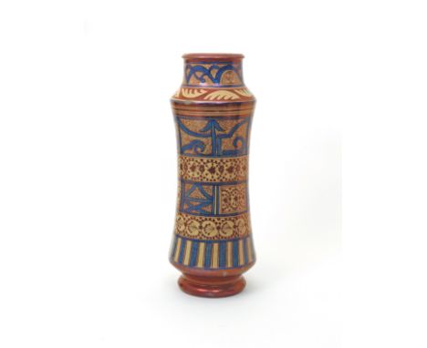 A massive Hispano-Moresque albarello-shaped vase  19th century, the tall waisted form decorated in blue and copper lustre wit