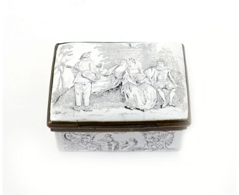 A Bilston enamel snuff box  c.1775, the lid printed in black with a scene from the Ladies Amusement, the sides with putti emb