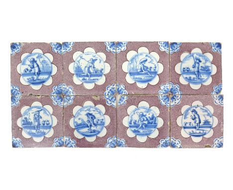 Eight Bristol delftware tiles  c.1725-50, each decorated in blue with a hatted figure in a rural landscape, reserved on a flo