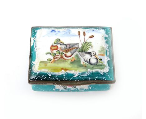 A Birmingham enamel snuff box  c.1760, the lid painted with ducks, the sides with vignettes of flowers, the base painted with