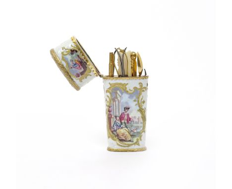 A Staffordshire enamel étui c.1770, the flattened tapering form moulded with rococo cartouches painted with scenes of courtin