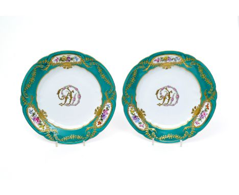 A pair of Spode Copeland's China dessert plates  c.1900, richly decorated in the Sèvres manner with gilt and floral DD monogr