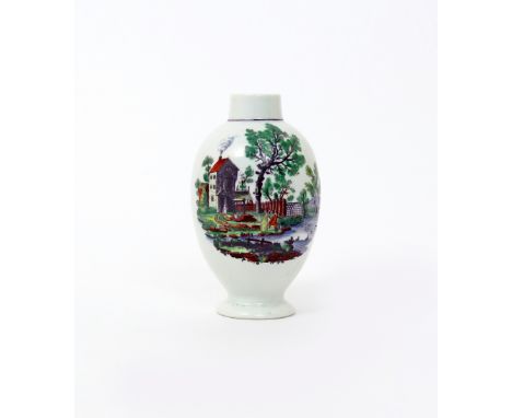 A Worcester printed and hand-coloured tea canister  c.1765-70, one side decorated with figures fishing before a tall house wi