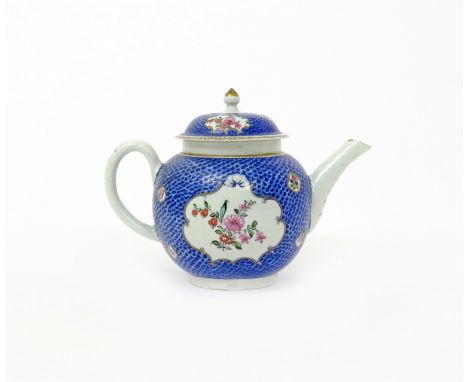 A Philip Christian (Liverpool) teapot and cover  c.1770-75, enamelled with shaped panels of flowers reserved on a bright blue