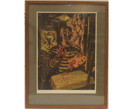* HUGH ADAM CRAWFORD RSA (SCOTTISH 1898 - 1982), YOUNG PEOPLE SEEING EUROPE AS ADVENTURE coloured lithograph, signed and date
