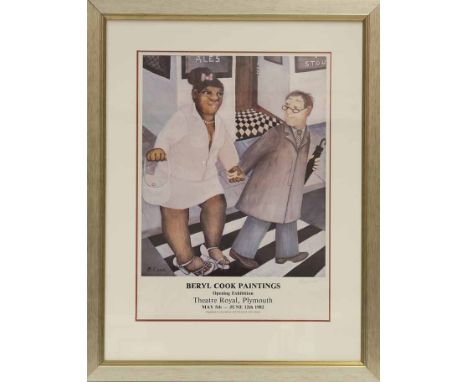 * BERYL COOK OBE (BRITISH 1926-2008),
BERYL COOK PAINTINGS OPENING EXHIBITION POSTER (1982)
colour print, signed in pen
60cm 