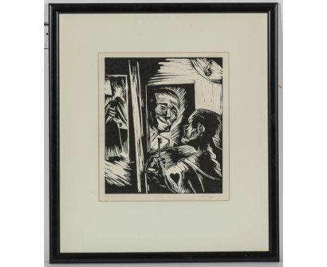 * KEN CURRIE,
THE KEYMASTER
limited edition linocut print, numbered 19/45 and signed in pencil
31cm x 27.5cm 
Mounted, framed