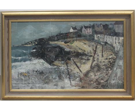 * VALERIE FRASER RSW (SCOTTISH b.1933), SEASCAPE mixed media on board, signed and dated 1963 54.5cm x 90cm Framed and under g
