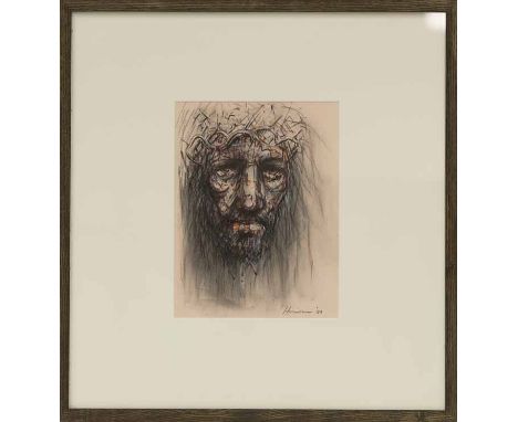 * PETER HOWSON OBE,
CHRIST
mixed media on paper, signed and dated '09
29.5cm x 22cm 
Mounted, framed and under glass