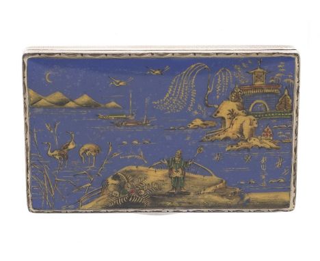 Asian Interest: a George V silver engine turned snuff box, the enamel cover painted mainly blues and gold with an Oriental sc