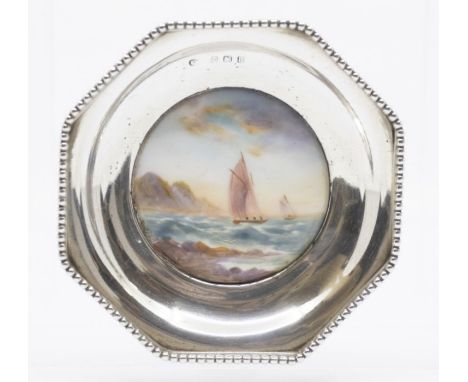 A George V silver octagonal dish with beaded rim, hallmarked Birmingham, 1912,&nbsp; the centre inset with a Royal Worcester 