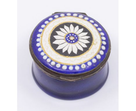 A George III Bilston enamel circular patch box, circa 1790, the cover centre painted with a central large flower motif within