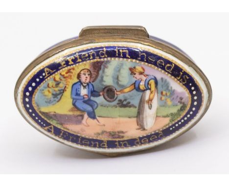 A George III South Staffordshire enamel navette shaped patch box, circa 1795, the cover painted with figures within a border 