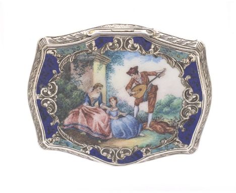 An early 20th Century Continental probably French silver and enamel cartouche shaped snuff box, the cover painted with an Arc