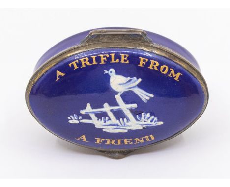A George III South Staffordshire enamel navette shaped patch box, circa 1790, cobalt blue ground the cover painted with a per
