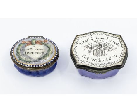 A George III Bilston patch box, cobalt blue body, the cover inscribed:&nbsp; A Trifle from HEREFORD within laurel wreath surm