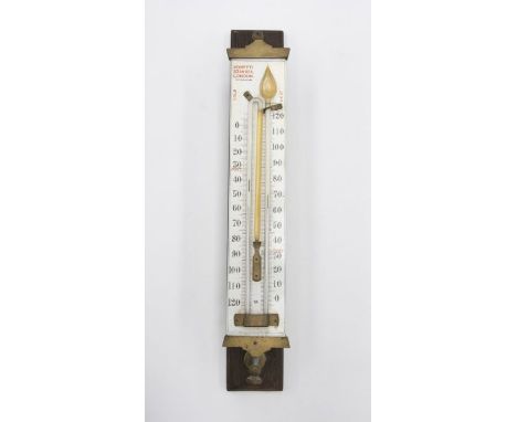A Vintage Negretti &amp; Zambra, London "beer" thermometer, gilt metal mounts on oak backing, the entire 45cm long (1)&nbsp;