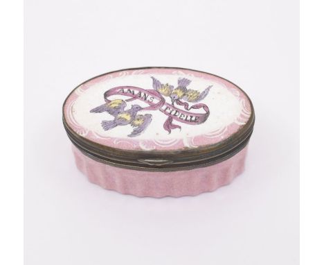 A 18th Century Continental possibly French enamel oval snuff box, circa 1790, with pink fluted body,&nbsp; the cover painted 