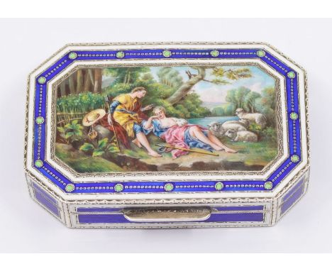 A 19th Century Continental possibly Swiss silver, silver-gilt and enamel snuff box, rectangular body with canted corners, the