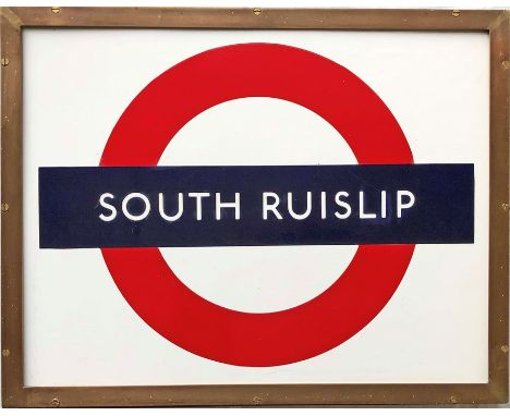 London Underground framed, enamel BULLSEYE SIGN from South Ruislip station on the Central Line. A small sign with its origina