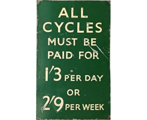British Railways (Southern Region) aluminium SIGN 'All Cycles must be paid for' + prices, presumably for storage rather than 