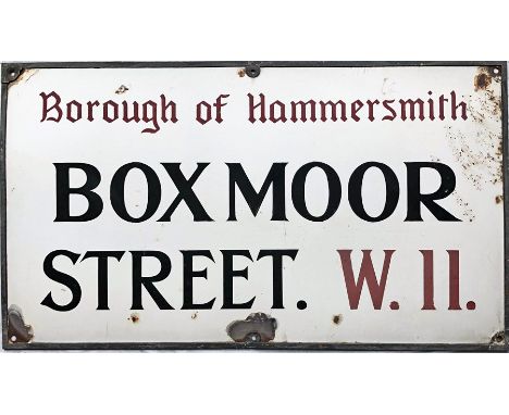 c1920s Borough of Hammersmith enamel STREET SIGN with original bronze frame from Boxmoor Street, W11. There is no trace of th