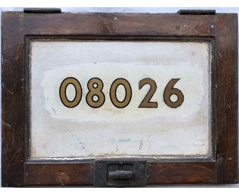 London Underground CAR NUMBER PANEL from Q31-Stock trailer 08026, ex-District Railway L-class trailer of 1931. This car was t