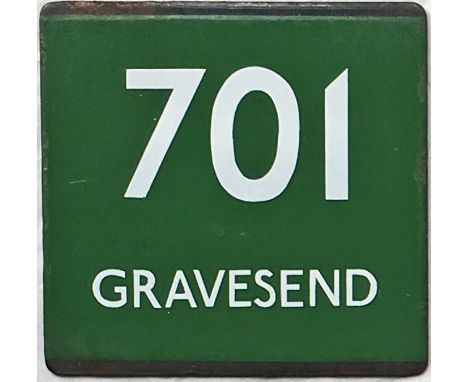 London Transport coach stop enamel E-PLATE for Green Line route 701 destinated Gravesend. Likely to have been located towards