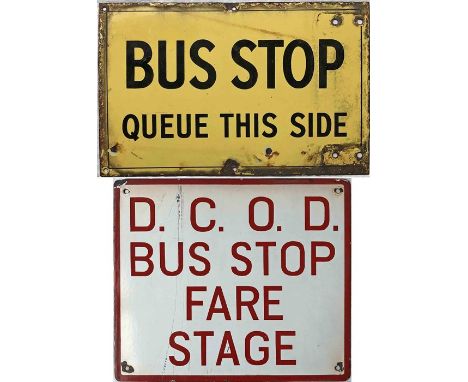 Pair of single-sided enamel BUS STOP FLAGS, the first from Bournemouth Corporation 'Bus Stop, Queue this side' (17" x 11" or 